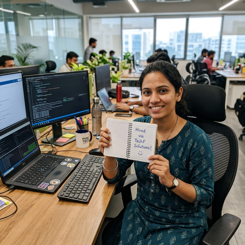 Placed Cybersecurity Analyst holding TechF placement notebook in Pune corporate desk
