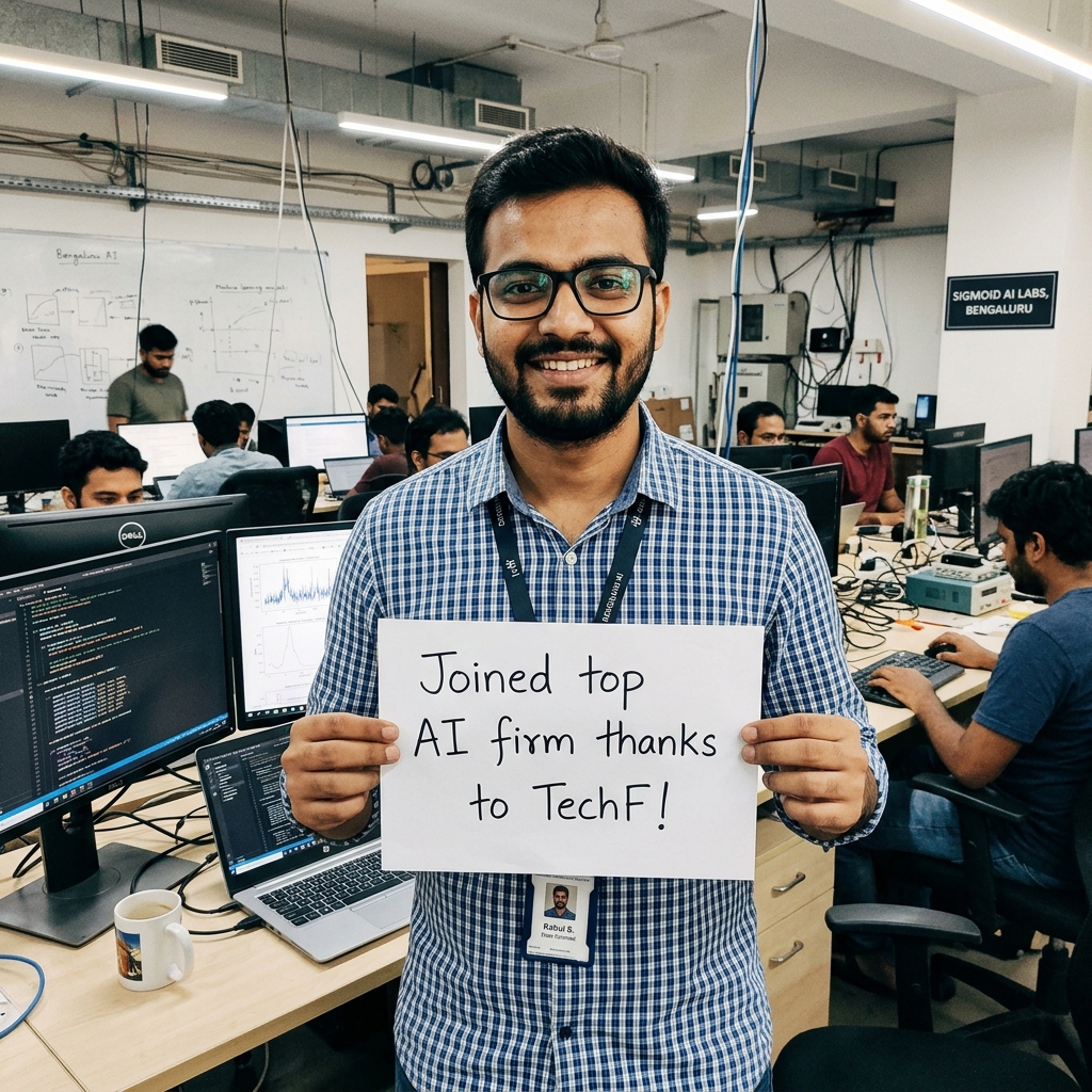 Placed Data Scientist holding TechF AI placement paper sign in Bengaluru tech park