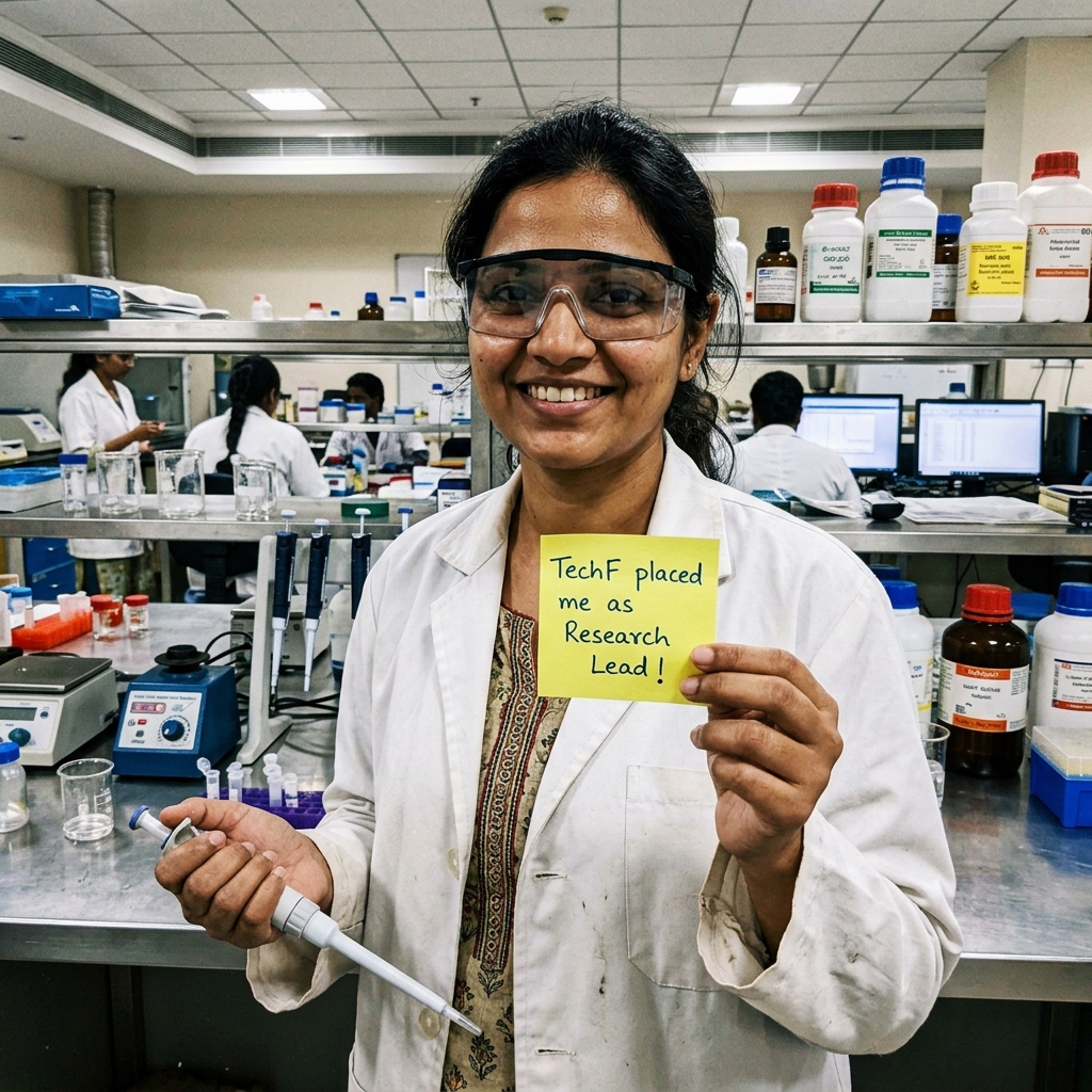 Placed Female HealthTech Research Associate holding TechF placement confirmation note in Hyderabad lab