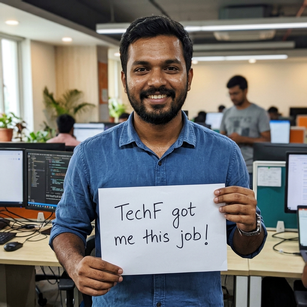 Placed Indian Java Developer holding TechF placement offer letter note in Bengaluru IT office