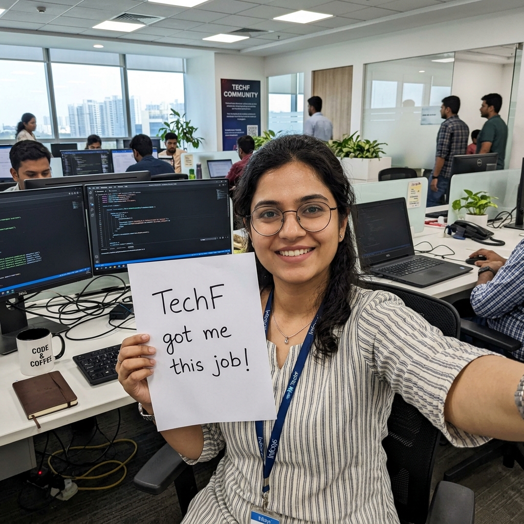 Placed Female Indian DevOps Engineer taking selfie holding TechF job confirmation note in Pune