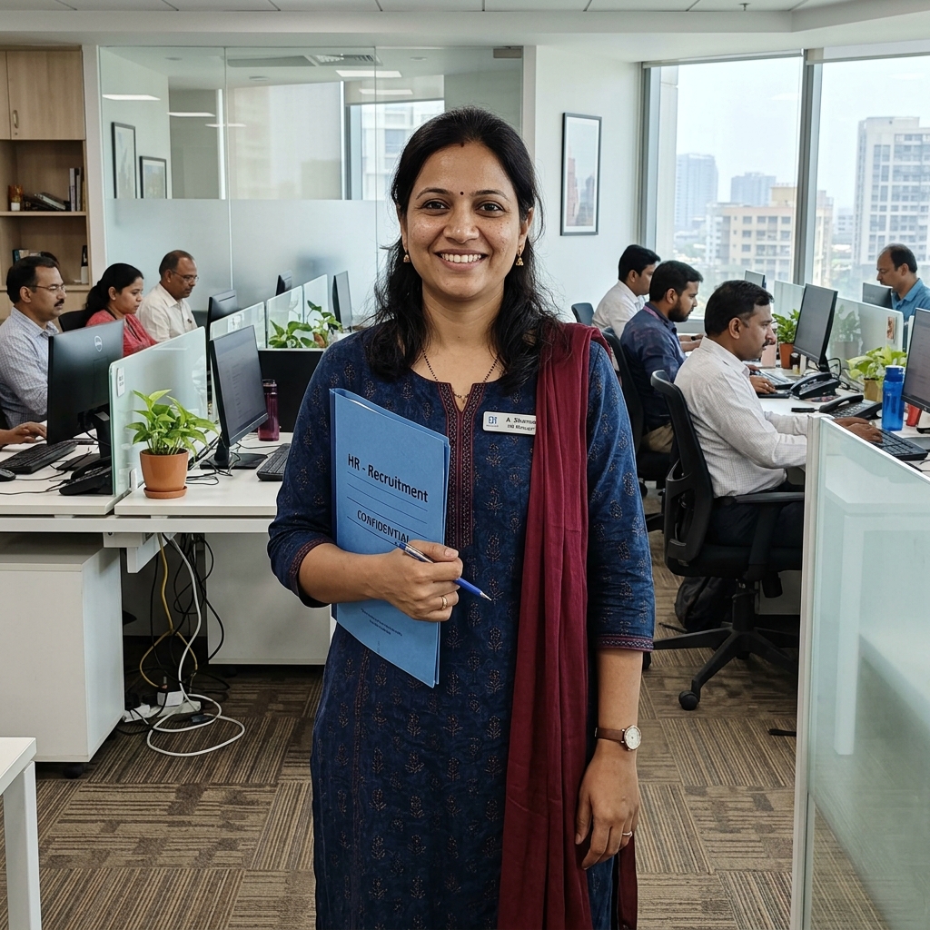 Female HR Manager holding TechF recruitment candidate evaluation folder in Mumbai corporate office