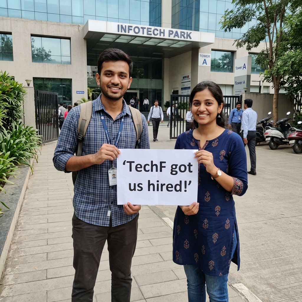 Placed Full Stack Engineering Pair holding TechF placement banner in Pune software park