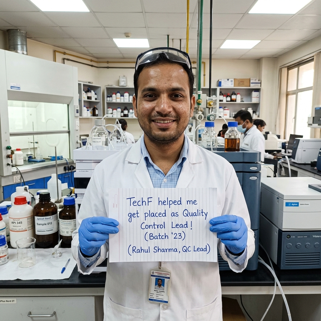 Placed Pharma Quality Control Lead holding TechF job offer note in Gujarat laboratory